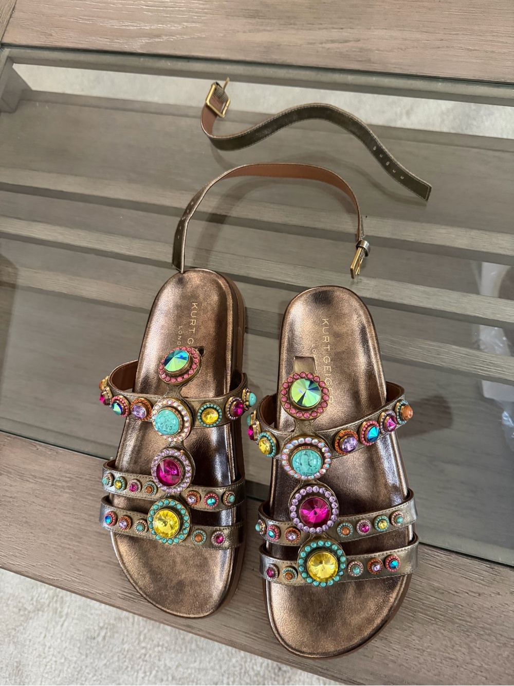 Kurt Geiger Bronze Metallic Jeweled Strappy Sandals - Picture 3 of 6
